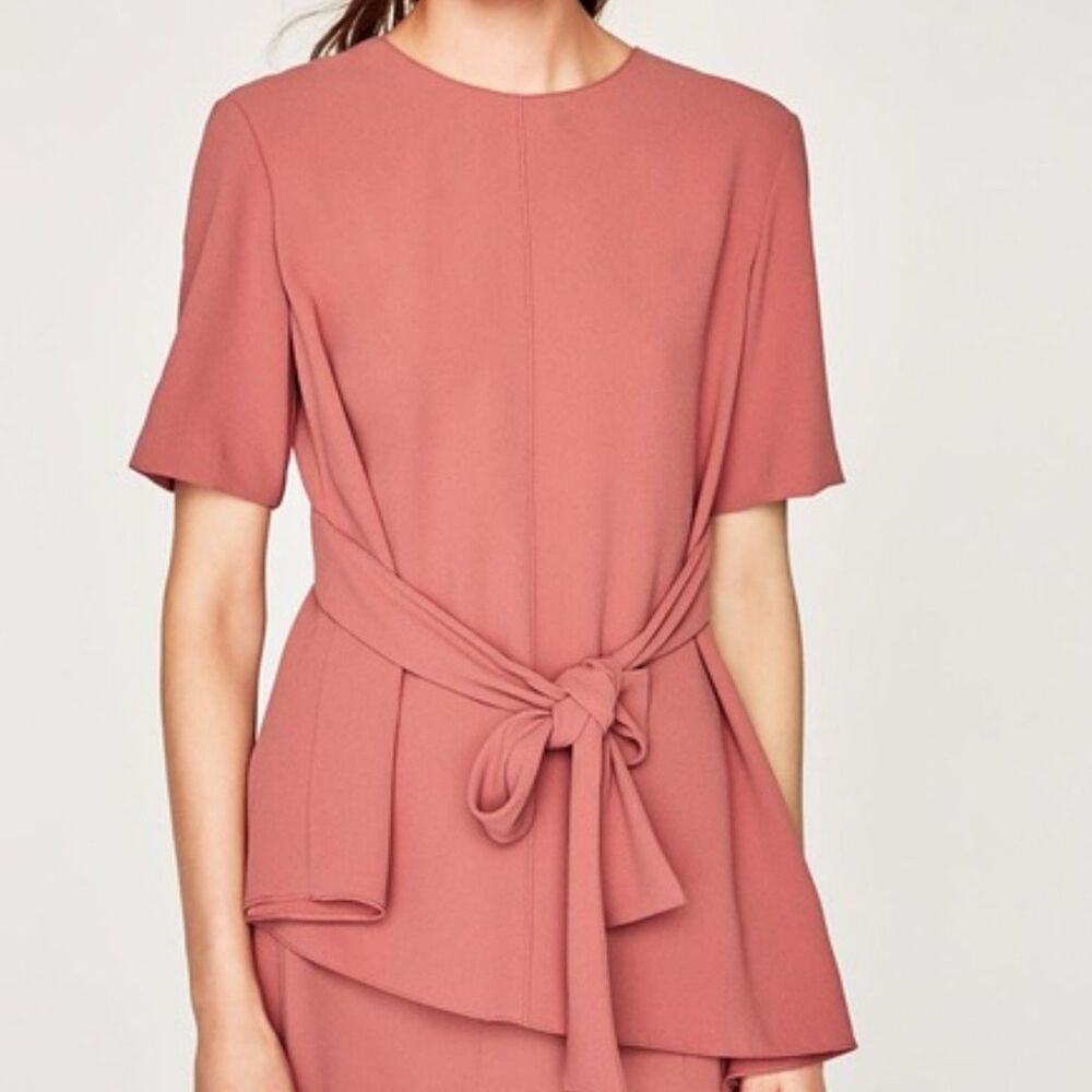Zara Belted Short Sleeve Asymmetrical Top Russet-red Size Small - Picture 5 of 6